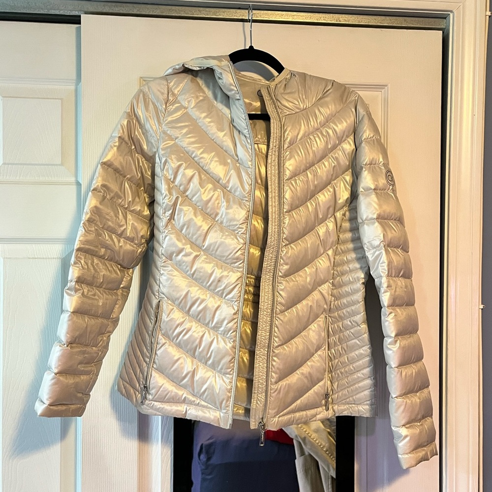 Light beige/gray hip length puffy coat